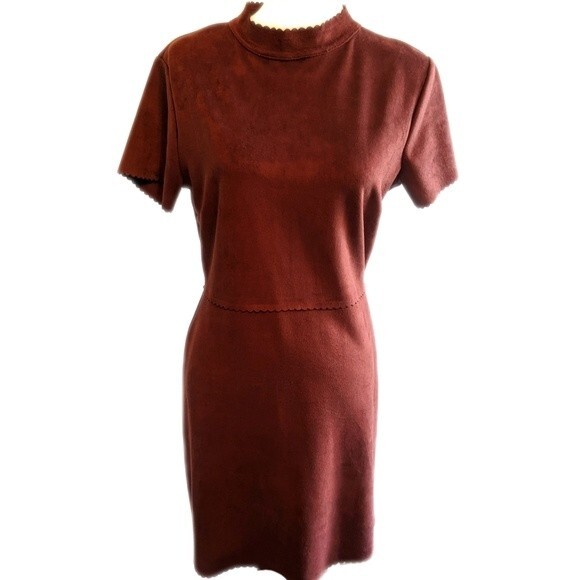 Hyfve short sleeve brown faux suede mini dress, cute scalloped edges L - Picture 1 of 9